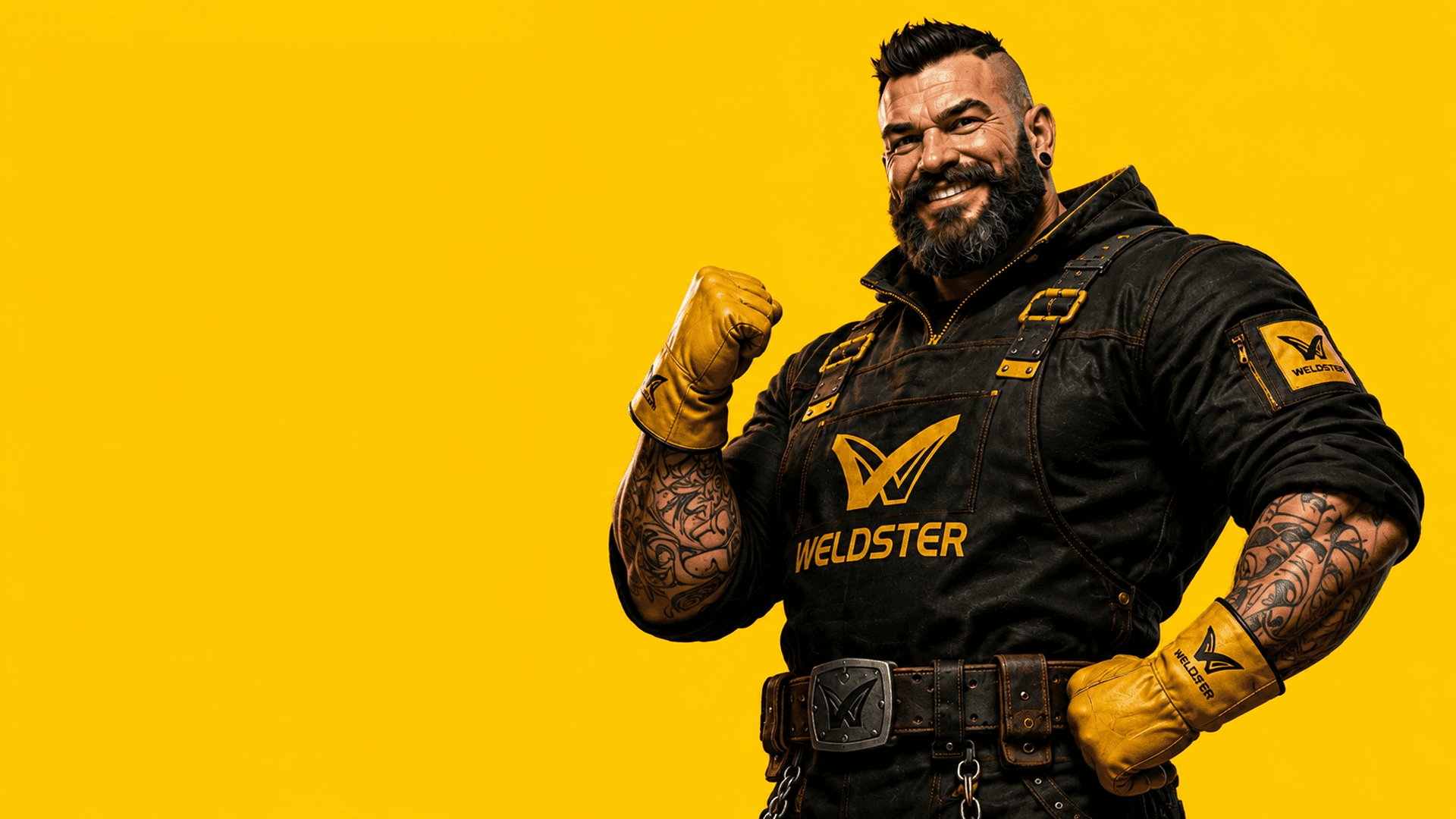 Soldador con equipación WELDSTER sobre fondo amarillo