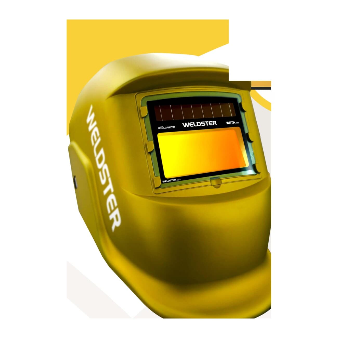 Careta de soldar automatica WELDSTER Beta 383 Madmetal Gold, vista tres cuartos