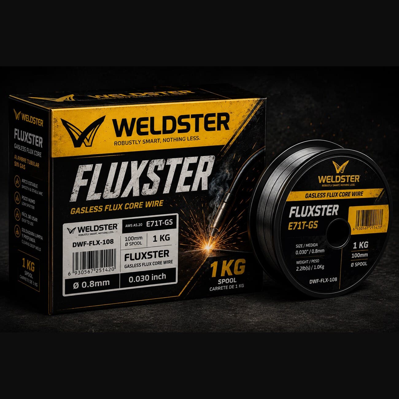 Alambre tubular sin gas WELDSTER Fluxster E71T-GS, carrete de 1 kg con su caja