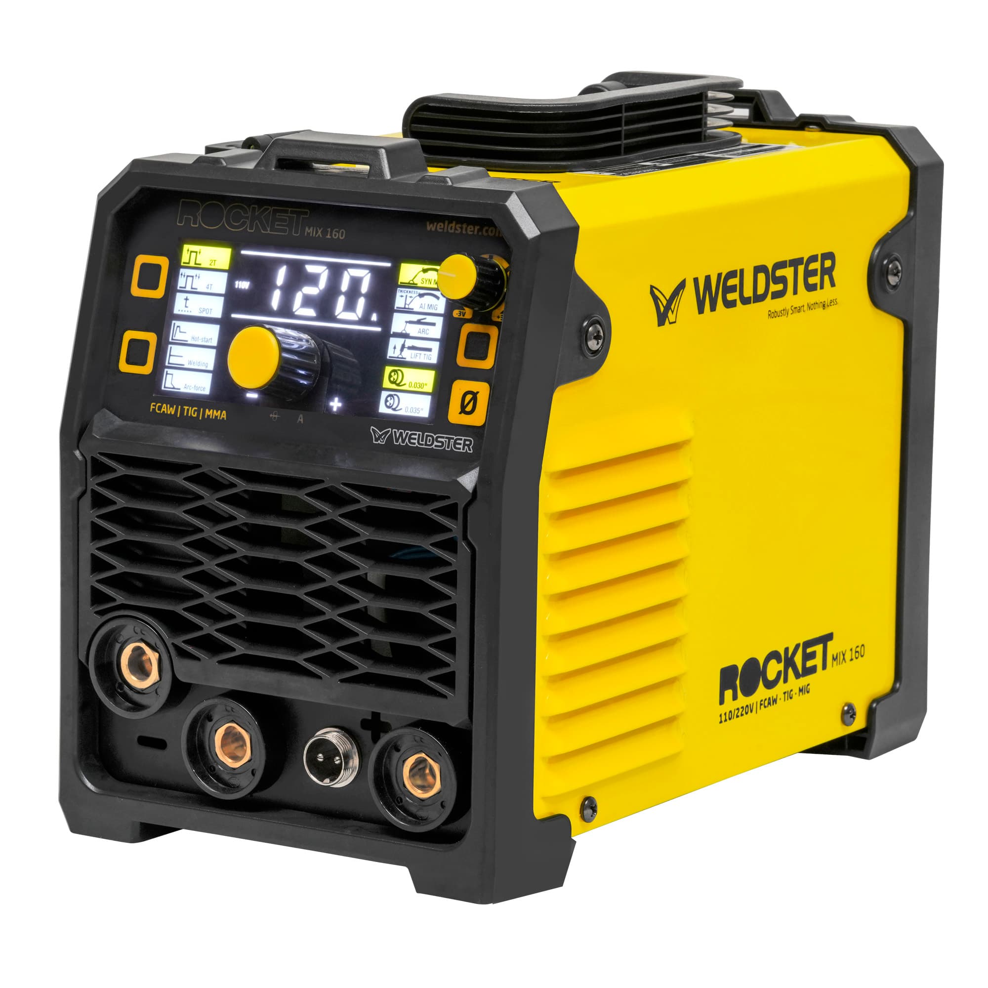 Equipo multiproceso WELDSTER Rocket Mix 160 con el panel encendido, vista tres cuartos
